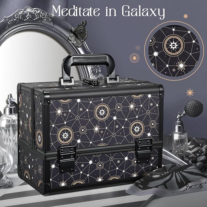 Joligrace 11.8 inch Makeup Train Case Cosmetic Organizer Box Lockable with 3 Trays and a Brush Holder Pattern Collection - Star Chart