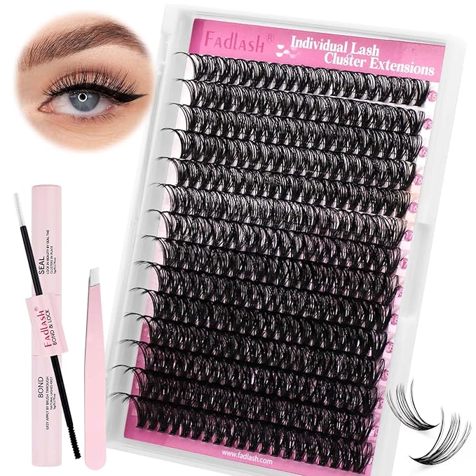 FADLASH DIY Lash Extension Kit Individual Lashes Cluster D Curl Eyelash Extension Kit with Lash Bond and Seal and Lash Applicator Tool for Self Application at Home (40D-0.07D-15-20MIX KIT)