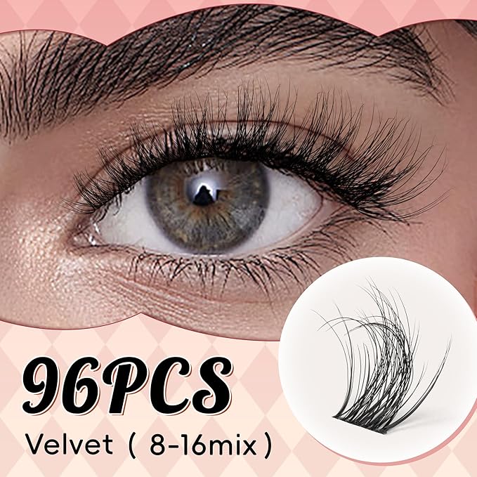 Lash Clusters 0.05mm PBT Fiber Eyelash Clusters, 0.1mm Superfine Invisiband D Curl Diy Lash Extension, 96pcs 8-16mm Individual Like Eyelash Extensions (Velvet-D-8-16Mix)