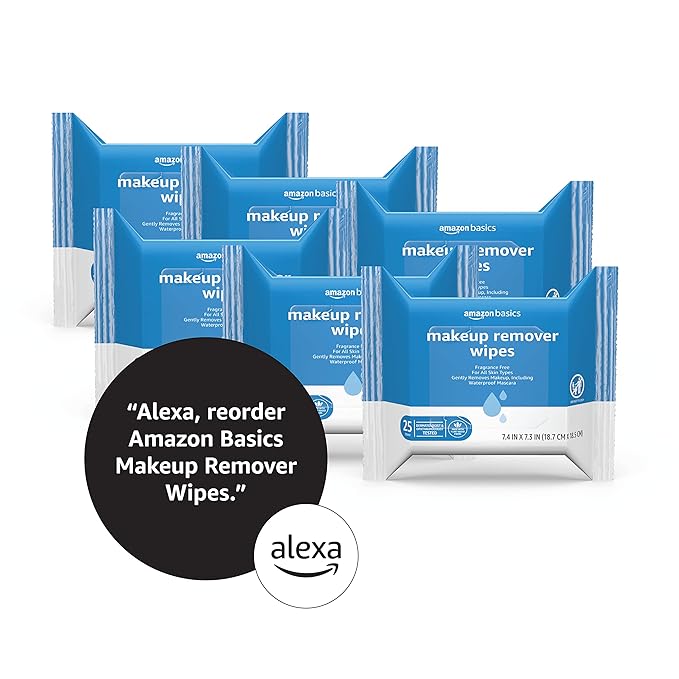 Amazon Basics Makeup Remover Wipes, Fragrance and Alcohol-Free, Gentle Cleansing, Removes Waterproof Mascara, Dermatologist Tested, 25 Count, Pack of 6