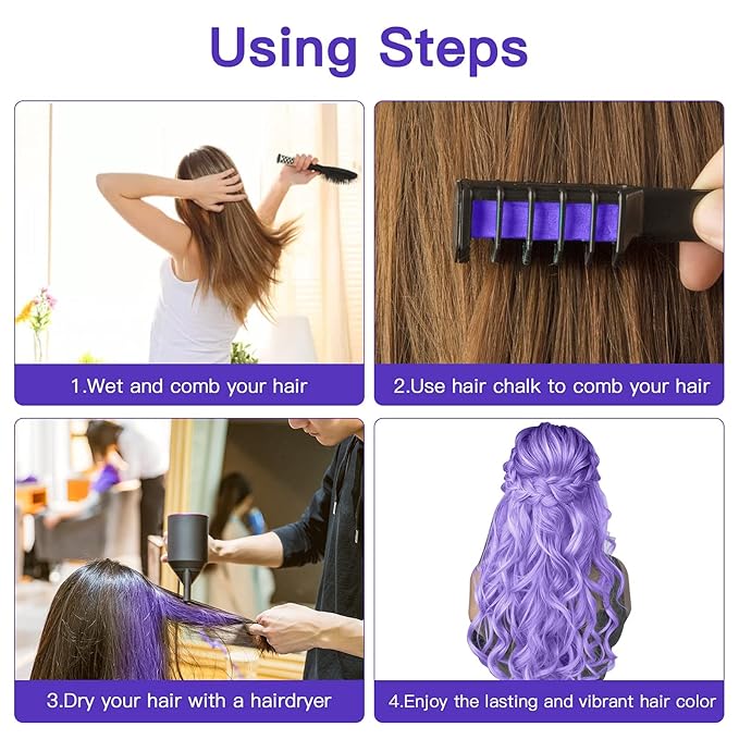 New Hair Chalk Comb Temporary Bright Hair Color Dye for Girls Kids, Washable Hair Chalk for Girls Age 4 5 6 7 8 9 10 New Year Birthday Cosplay DIY Halloween, Christmas(Purple)