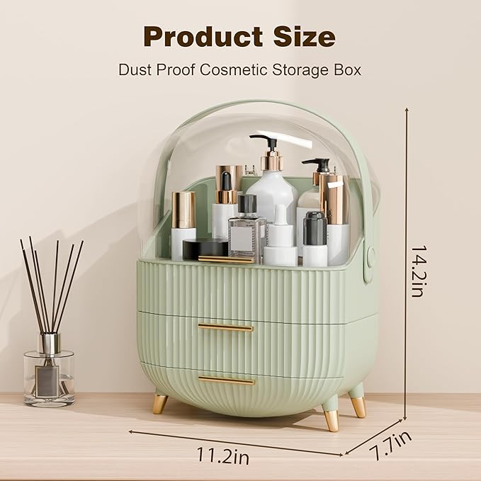 Makeup Organizers and Storage, Make up Organizer for Vanity Cosmetics Skincare Organizers With Lid and Drawers Display Cases for Countertop(Light Green)
