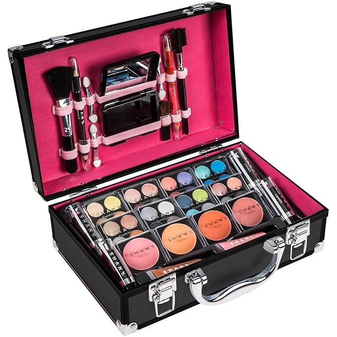 SHANY Carry All Make up Train Case with Pro Makeup Set, Beauty Brushes, Lipsticks, Eye Shadows, Blushes, Powders, and more - Reusable Cosmetics Storage Organizer - Premium Gift Packaging - Silver
