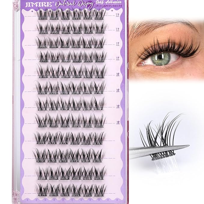 JIMIRE Self Adhesive Eyelashes Manga Lash Clusters Natural Look 11-13MM Wispy Pre Glued Lashes Clusters No Glue Needed Press on Lashes Reusable Invisible Band Fluffy Cluster Eyelash Extensions