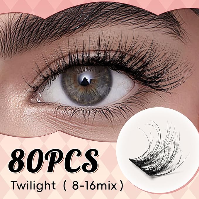 Lash Clusters 0.05mm PBT Fiber Eyelash Clusters, 0.1mm Superfine Invisiband D Curl Diy Lash Extension, 80pcs 8-16mm Individual Lashes Clusters Like Eyelash Extensions (Twilight-D-8-16Mix)