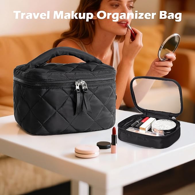 Travel Makeup Bag with 4 Clear Cases, Large Quilted Cosmetic Organizer for Women, Puffy Storage Bag for Cosmetics, Photos or Pill Bottles, Black (Empty Bag)