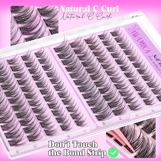 Yawamica Self Adhesive Eyelashes Wispy Lash Clusters No Glue Needed DIY Lash Extension 8-16mm Pre-Glued Eyelash Clusters Reusable Press on Lashes Natural C Curl Individual Lashes DIY Lash for Beginner