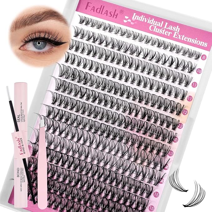 FADLASH DIY Lash Extension Kit Individual Lashes Cluster D Curl Eyelash Extension Kit with Lash Bond and Seal and Lash Applicator Tool for Self Application at Home (20D-0.07D-8-16MIX KIT)