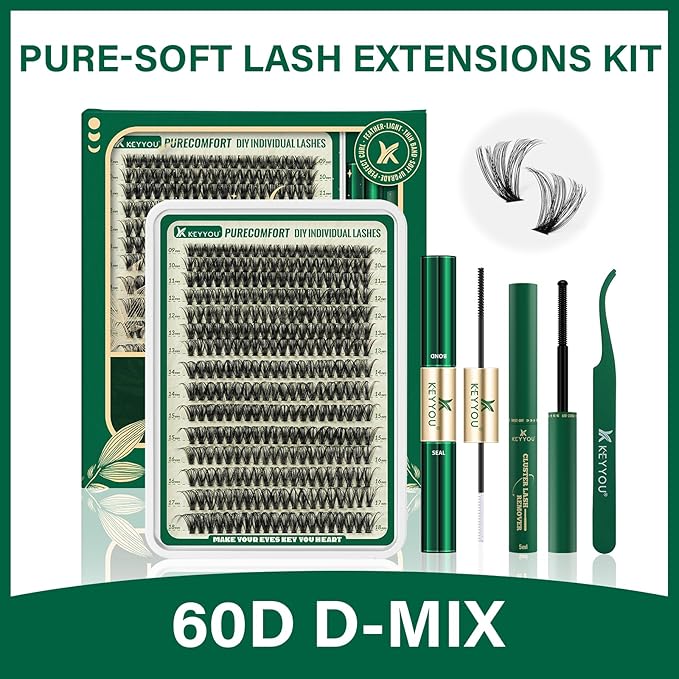 KEYYOU DIY Lash Extension Kit 300pcs Soft Lash Clusters 60D D Curl Easy to Apply with Lash Bond and Seal Lash Applicator Lash Remover Eyelash Extension Kit at Home(RMkit-60D-D-9-18mix)