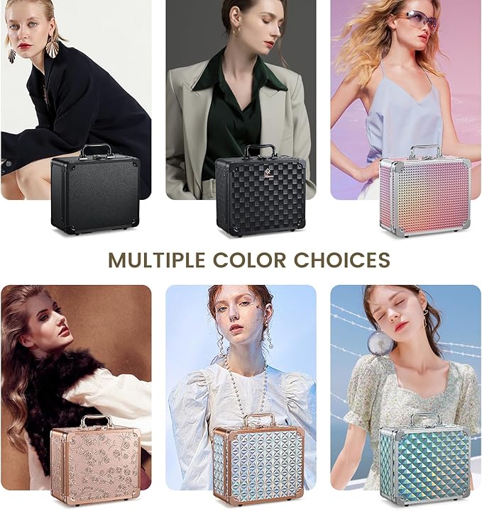 Makeup Case with Magnetic Lighted Mirror 10.15 IN Makeup Organizer Box Travel Cosmetic Case with 3 Colors LED Mirror Portable Vanity Make up Suitcase with Dividers Brush Holder Lock Black Checkerboard