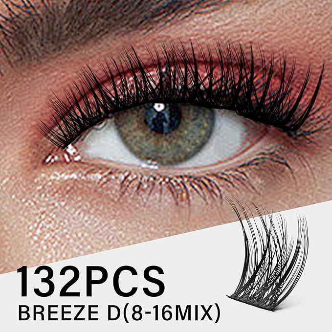 Lash Clusters 8-16mm, False Eyelashes 132pcs, Cluster Eyelash Extensions Matte Black Soft, Diy Lash Extensions D Curl Natural Lash Clusters Faux Mink Lashes Wispy(Breeze,132pcs,0.07,D,8-16MIX)