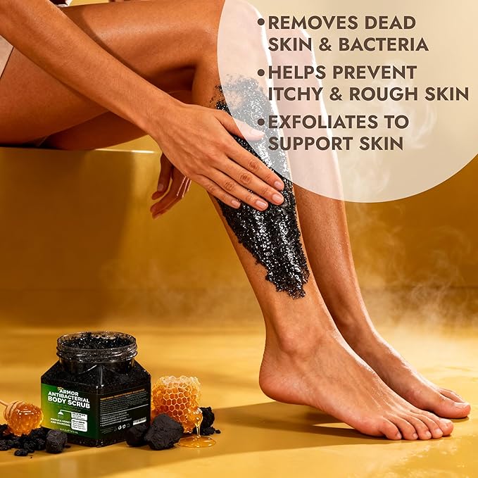 Exfoliating Body Scrub with Antibacterial Formula | Body Scrub Kills 99.9% of Germs & Bacteria | Manuka Honey & Charcoal | Deep Cleansing & Purifying for Smooth, Fresh, Healthy Skin | 16 fl oz Jar