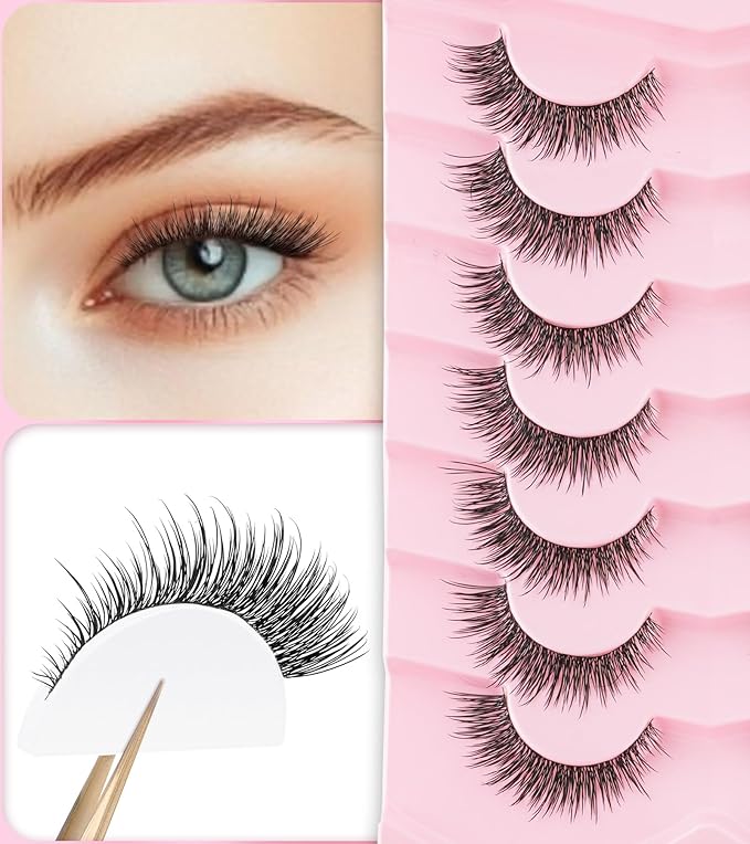 False Eyelashes 14MM Cat Eye Lashes Wispy Fake Eyelashes with 0.03MM Ultra Thin Band Natural Lashes Strips C Curl Eye Lash ChirpyLuna, 7 Pair