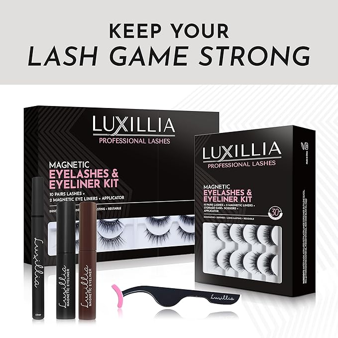 Luxillia Magnetic Eyelashes Kit โ 10 Piece Magnetic Eyelash & Eyeliner Set with Applicator โ Natural Look Easy Apply Reusable Fake Extension Lashes, No Glue โ Pestaรฑas Postizas Magnรฉticas Naturales
