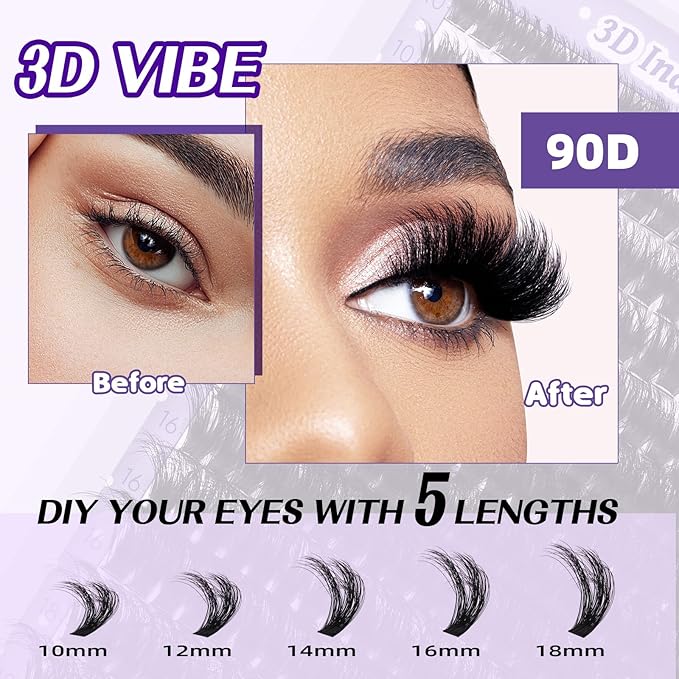 B&Qaugen B&Q Lash Extension Kit 3D Thick Lash Clusters Kit 280pcs Eyelash Extension Kit 10-18mm 90D D Curl DIY Lash Extension Kit with Lash Bond and Seal, Lash Remover (KIT-90D-MIX10-18mm), Black