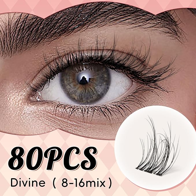 Lash Clusters 0.05mm PBT Fiber Eyelash Clusters, 0.1mm Superfine Invisiband D Curl Diy Lash Extension, 80pcs 8-16mm Individual Lashes Clusters Like Eyelash Extensions (Divine-D-8-16Mix)