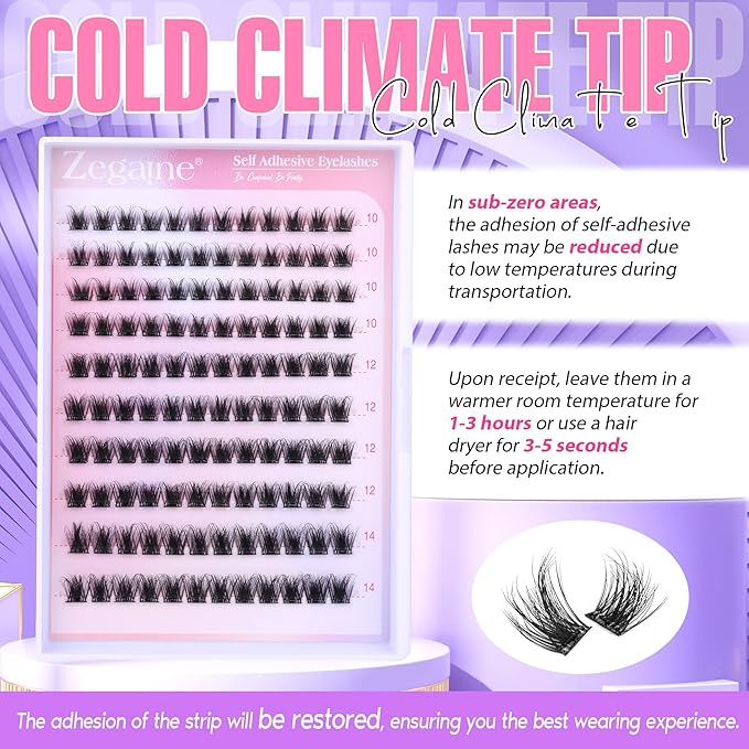 Zegaine Self Adhesive Eyelashes Natural Self Adhesive Lash Clusters Wispy Pre Glued Eyelash Clusters Clear Band C-Curly Pestañas Postizas Naturales Wispy Glueless Lashes No Glue Needed 10-14MM