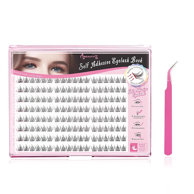 Beauty7 Self Adhesive Eyelashes, No Glue Needed Fairy Lashes, Self Adhesive Lash Clusters, Pre-Glued Eyelashes, Reusable Eyelash Clusters, C Curl 144pcs Clusters DIY Lash