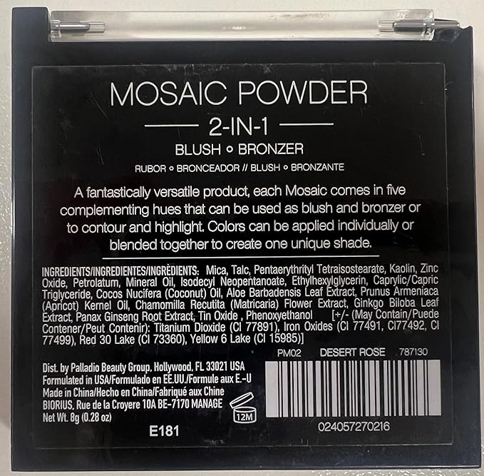 Palladio 2-In-1 Mosaic Blush and Bronzer, Silky Smooth Face Makeup Pressed Powder, Five Color Hues from Shimmering Pinks to Golden Browns, Rich Pigmented Shades, Flawless Finish, Desert Rose, 0.3 Oz