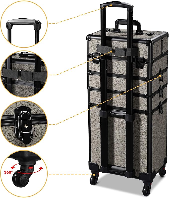 BYOOTIQUE Rolling Makeup Cases Organizer Nail Tech Storage Cart Hairdressing Brush Bags False Eyelash Storage for Beauty Salon Traveling Beautician Manicurist Hairstylist,Rococo GainsBoro
