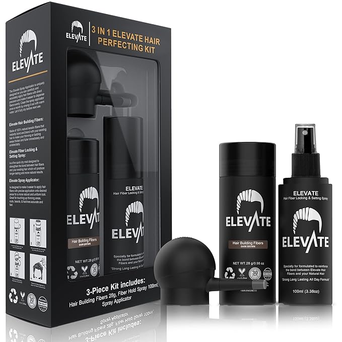 ELEVATE Hair Perfecting 3-in-1 Kit Set Includes Natural Thickening Fibers, Applicator Pump Nozzle & Locking Hold Spray | Instantly Conceal Balding Areas (Dark Brown)