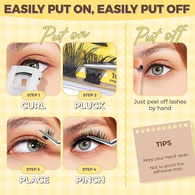 PopUp Self Adhesive Eyelashes Clusters, Press On Lashes Pre Glued Eyelash Extension Kit with Lash Tweezer,10-16mm No Glue No Remover Needed Self Adhesive Lashes Clusters CT50