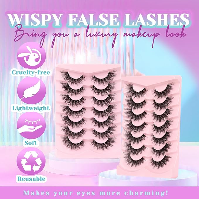 Losha Lashes Wispy False Eyelashes C Curl Cat Eye Lashes Natural Look 7 Pairs Lashes Strips 9-18mm Fluffy Fake Eyelashes with Soft Touch (FC02)