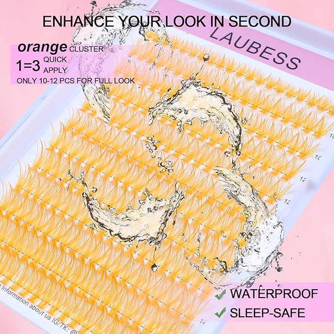 Colored Lash Clusters LAUBESS Orange Colored Eyelash Clusters Wispy Colored Lash Extensions Colorful Lash Clusters Individual Lashes (Orange 40D-0.07D-Mix8-16)