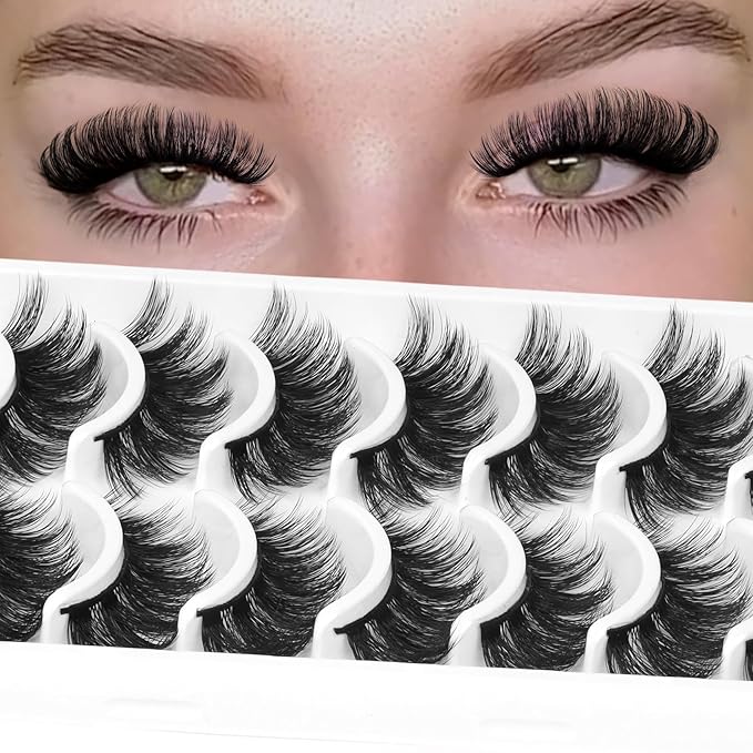 Ahrikiss Lashes Volume Faux Mink Eyelashes D Curl Fluffy False Lashes Russian Strip Lashes Lash Wispy 10 Pairs Cat Eye Lashes Pack(R2)