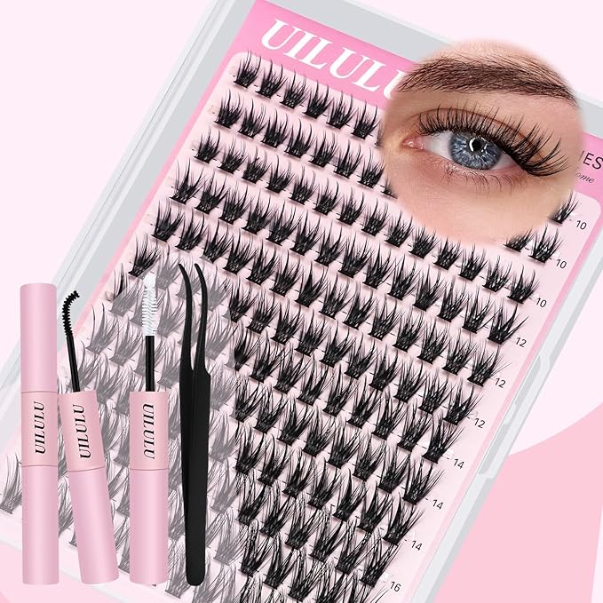 Lash Clusters Kit for DIY Lash Extension at Home, False Eyelashes Set with Bond and Seal, Lash Remover, Tweezers, D Curl Wispy Individual Clusters Eye Lash Extensions Kit (U24 DIY Lash Kit)