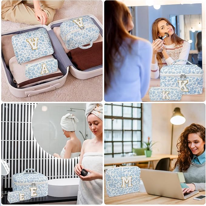 Initial Makeup Bag Set, Personalized Quilted Makeup Bag, Large Floral Cosmetic Bag for Women, Cute Cotton Custom Make up Bags, Flower Travel Toiletry Bag Teen Girl Gift Blue Flower E
