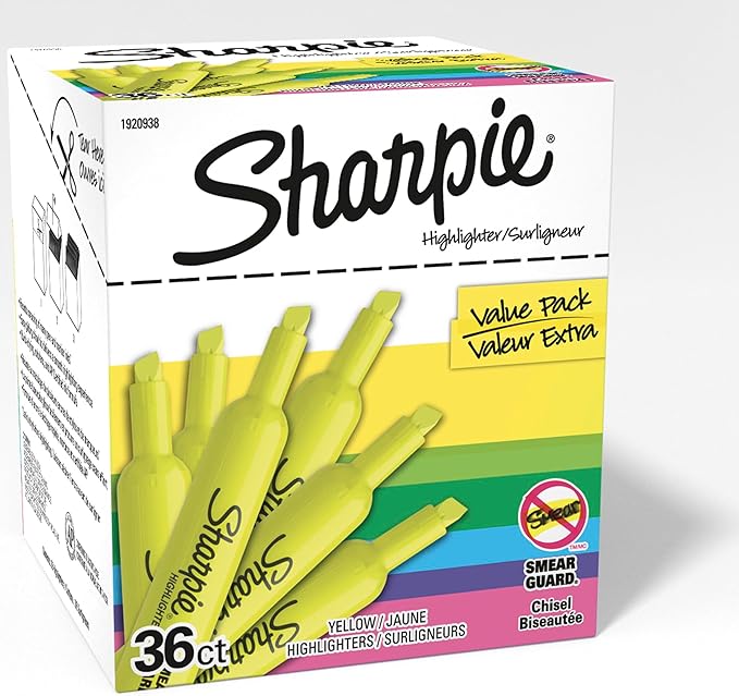 SHARPIE Tank Style Highlighters Chisel Tip Fluorescent Yellow 36 Count (Pack of 6)