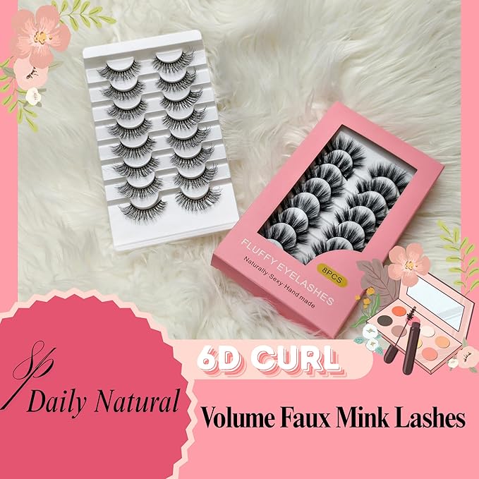 Natural Lashes Spiky False Eyelashes Wispy Look Invisible Band Flared Eyelashes False Eye Lashes Soft Fluffy Lashes 8 Pairs Black 9-15MM
