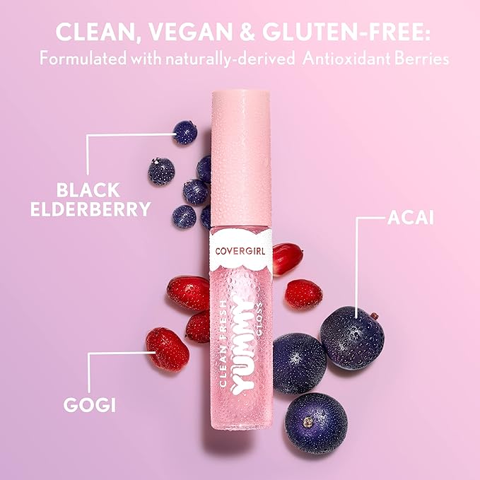 COVERGIRL Clean Fresh Yummy Lip Gloss, Sheer, Natural Scents, Vegan Formula - 300 Acai You Later, 0.33 fl oz