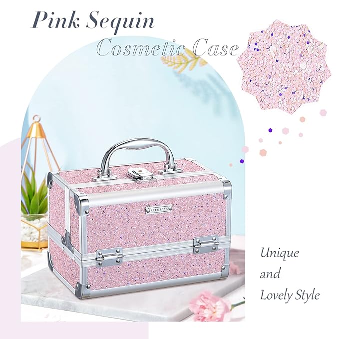 FRENESSA Makeup Case Organizer Portable Makeup Train Case Cosmetic Box with Mirror Jewerly Tray for Girls Nail Supplies Make Up Cases Organizers and Storage Kids Craft Case Pink