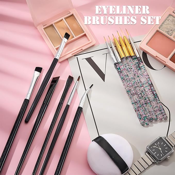 12 Pieces Eyeliner Brushes Set, Slanted Makeup Gel Eyeliner Brush Line Fine Bent Eyeliner Brush Pointed Round Makeup Brush Angled Eyeliner Makeup Tool for Girls Women Cosmetic Applicators