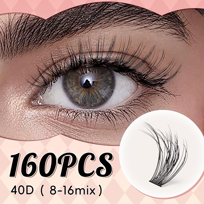 Lash Clusters 0.05mm PBT Fiber Eyelash Clusters, 0.3mm Superfine Soft Band C Curl Diy Lash Extension, 160pcs 8-16mm Individual Lashes Clusters Like Eyelash Extensions (40P-C-8-16Mix)