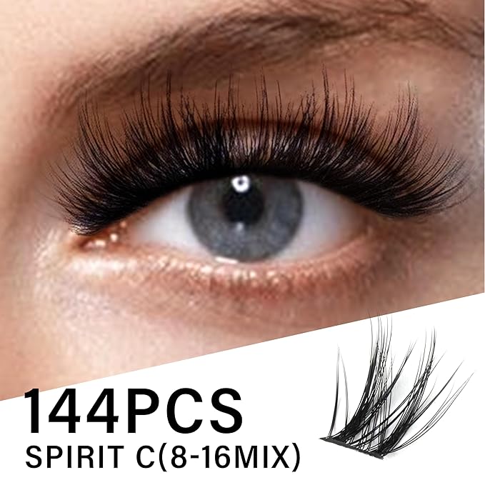 Lash Cluster 144pcs Individual Lashes,8-16mm Diy Lash Extension,C Curl Lash Clusters Wispy,3D Natural Lash Clusters Look Like Eyelash Extension DIY at Home (Orange Spirit-C-8-16mix)