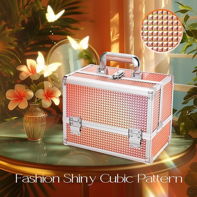Joligrace Makeup Box 11.6-Inch Cosmetic Train Case for Women Travel Jewelry Organizer with Compartments & Mirror Portable Lockable Make-up Trunk Shiny Style