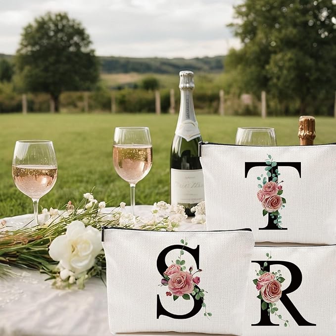 Initial A-Z Personalized Letter Makeup Bag, Monogrammed Bridesmaid Gifts Presents Cosmetic Bag, Portable Stationary Storage Organizer Pouch, Friendship Love Travel Makeup Bags