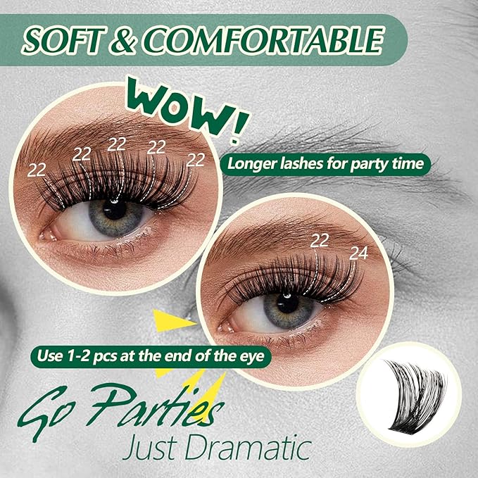 Lash Clusters 96pcs Eyelash Clusters D Curl 18-24MIX Cluster Lashes KEYYOU Volume Wispy Lash Extension Soft&Comfortable Easy DIY at Home(Y02,D-18-24MIX)