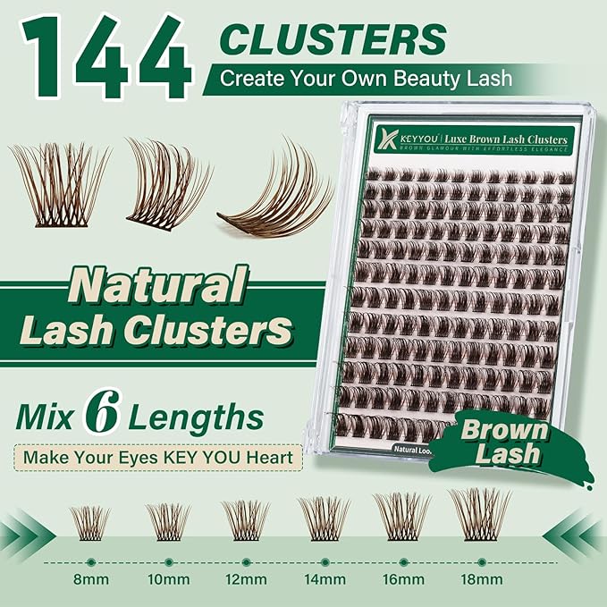 KEYYOU Brown Lash Clusters 144pcs Eyelash Clusters 8-18MIX D Curl Cluster Lashes Soft Wispy Lash Clusters Natural Look Brown DIY Lash Extension At Home(Brown01-D-8-18MIX)