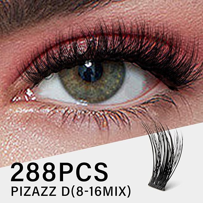 Lash Clusters 8-16mm, False Eyelashes 288pcs, Cluster Eyelash Extensions Matte Black Soft, Diy Lash Extensions D Curl Natural Lash Clusters Faux Mink Lashes Wispy(Pizazz,288pcs,0.07,D,8-16MIX)