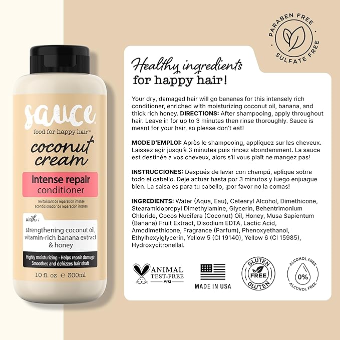 SAUCE BEAUTY Coconut Cream Conditioner for Dry, Damaged, Frizzy, Curly Hair with Coconut Oil, Paraben & Sulfate-Free, 10 Fl Oz | Intense Repair, for Dry, Revitalizing, Banana, Honey