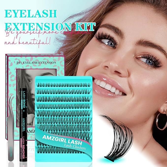 Lash Clusters Kit 200PCS 50D Eyelash Extension Kit D Curl Wispy Eyelash Clusters DIY Natural Individual Lashes Kits Lashes Extensions Kit with Lash Bond and Remover Eyelash Tweezer at Home