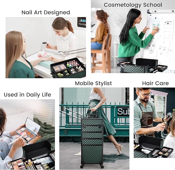 Stagiant Rolling Makeup Case 4 in 1 Cosmetology Case on Wheels Makeup Travel Case with Cosmetic Bag Key Swivel Wheels Salon Barber Case Traveling Cart Trunk Cosmetic Trolley Green