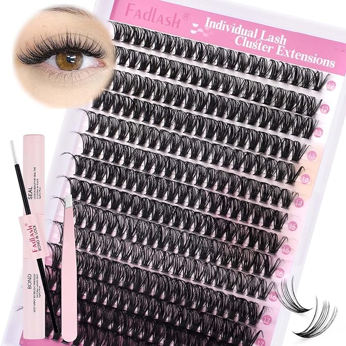 FADLASH Lash Extension Kit DIY Natural Lash Clusters Kit 40D D Curl Eyelash Clusters Individual Eyelash Extension Kit with Lash Bond and Seal Lash Tweezers for Self Use (40D-0.07D-12-18MIX KIT)