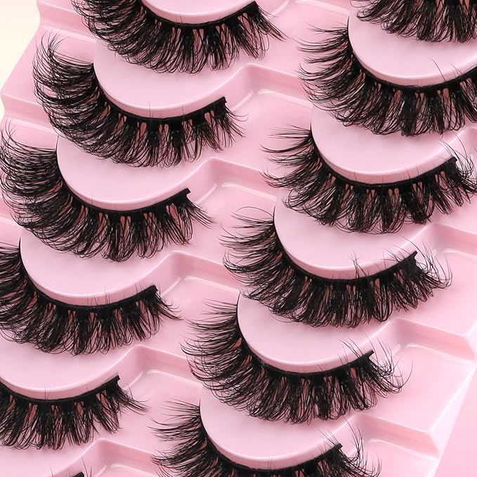 Ahrikiss Lashes Russian Strip Lashes That Look Like Extensions D Curl Fluffy False Eyelashes 10 Pairs 3D Volume Fake Lashes Wispy Faux Mink Lashes Natural Look (D17)