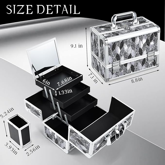 Joligrace Makeup Box 10 Inch Cosmetic Train Case for Women Travel Jewelry Organizer with Compartments & Mirror Portable Lockable Make-up Organizer Box - Mosaic Tiles Print