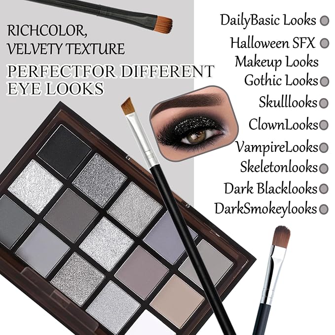 Black Grey Smoky Eyeshadow Palette,15 Colors Matte Shimmer Pigmented Eye Shadow Makeup Palette Set with 3 Eyeshadow Brushes,Glitter Eyeshadow Makeup Palette for Daily Halloween Goth Makeup(A)